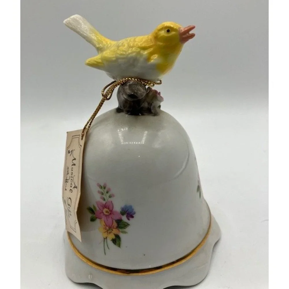 Music Box Porcelain Bell Yellow Bird Figurine‎ Floral Design Decor Made in Japan